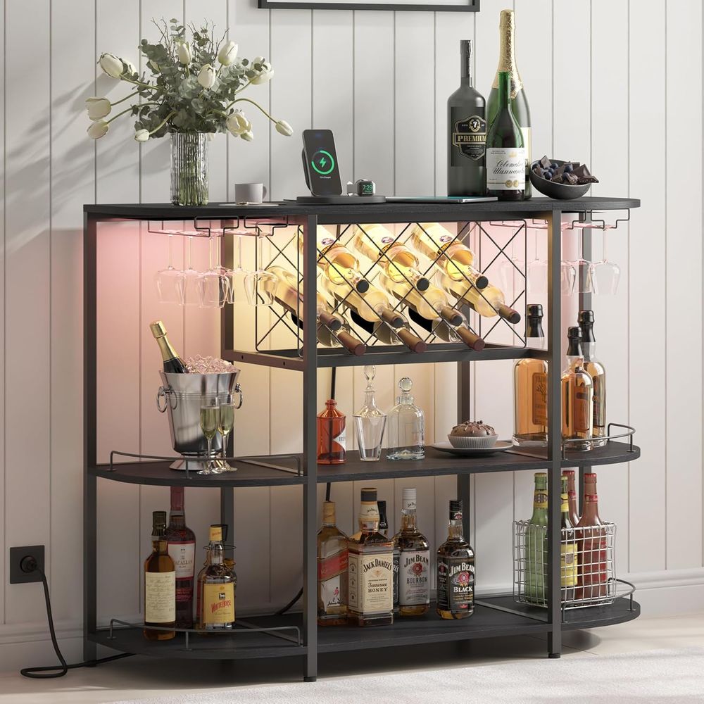 Home Bar And Kitchen - Schwarzer 3-stufiger Couchtisch mit Weinregal, Steckdose