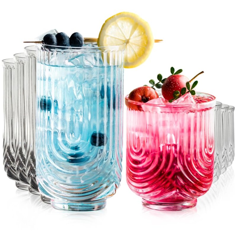Highball Glass Set - Art-Deco-Cocktailgläser, gerippte Trinkgläser im 8er-Set, 14